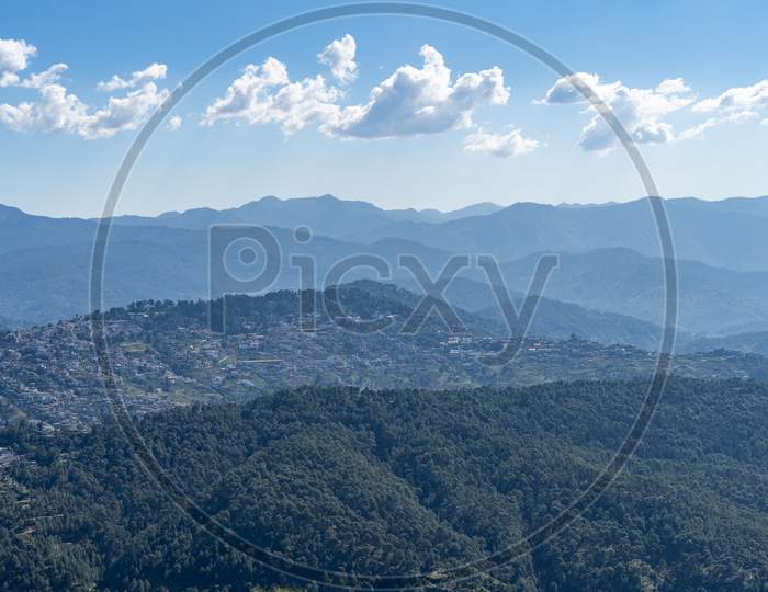 A Beautiful Scenic Landscape Of Mountains Of Uttarakhand With A View Of Almora City.
