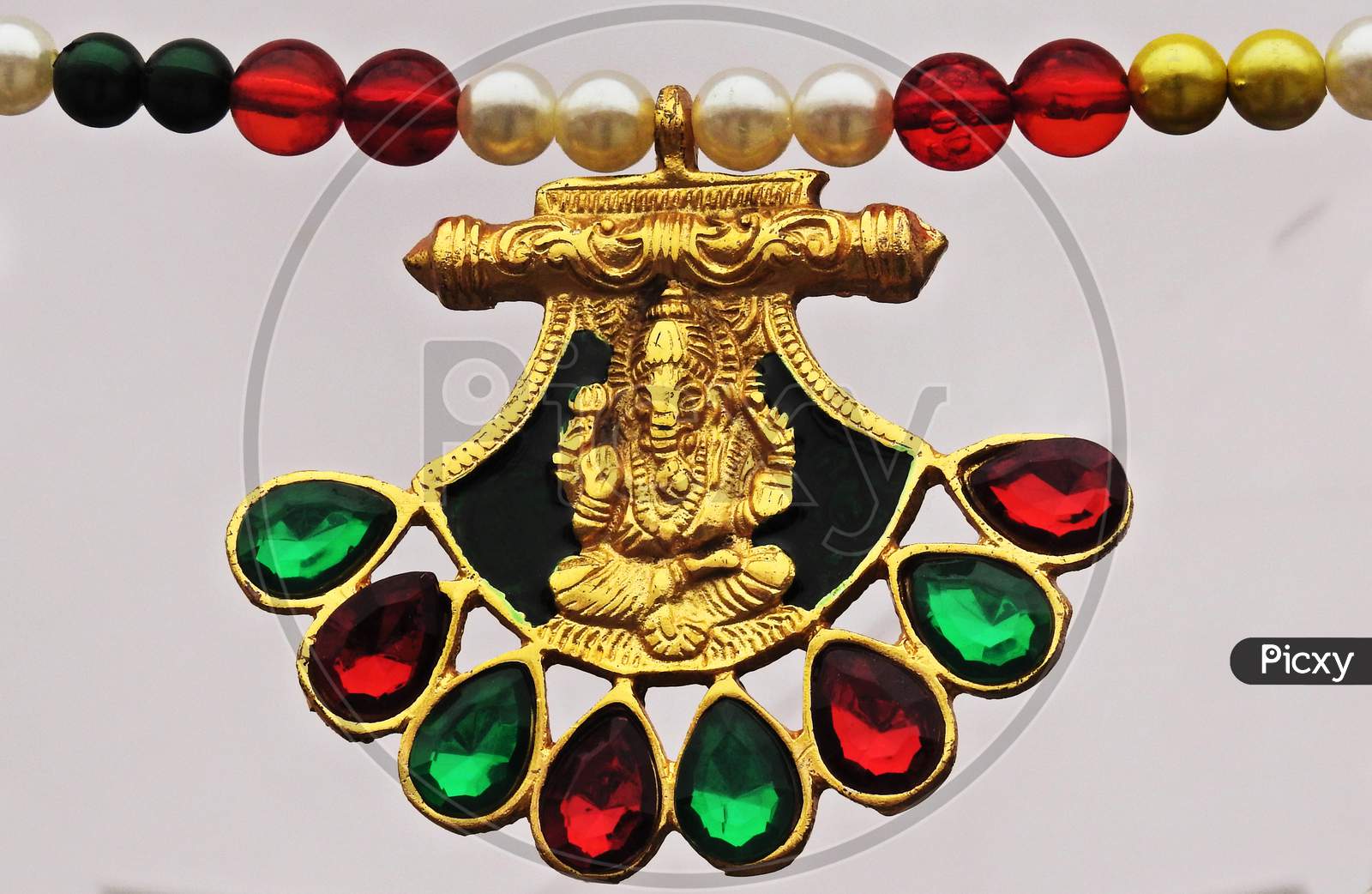 View Of Indian Woman Jewelry Necklace With Hindu God Ganesha Locket