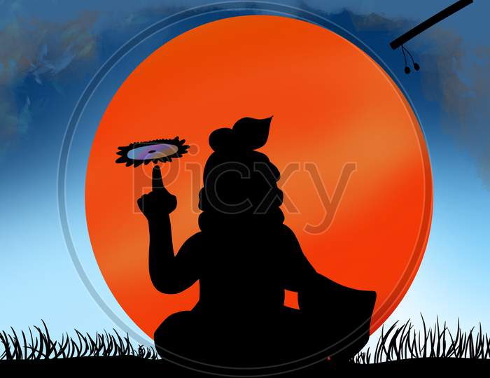 Silhouette Of Lord Shri Bala Krishna With Sudharshan Chakra And Flute Against Sun