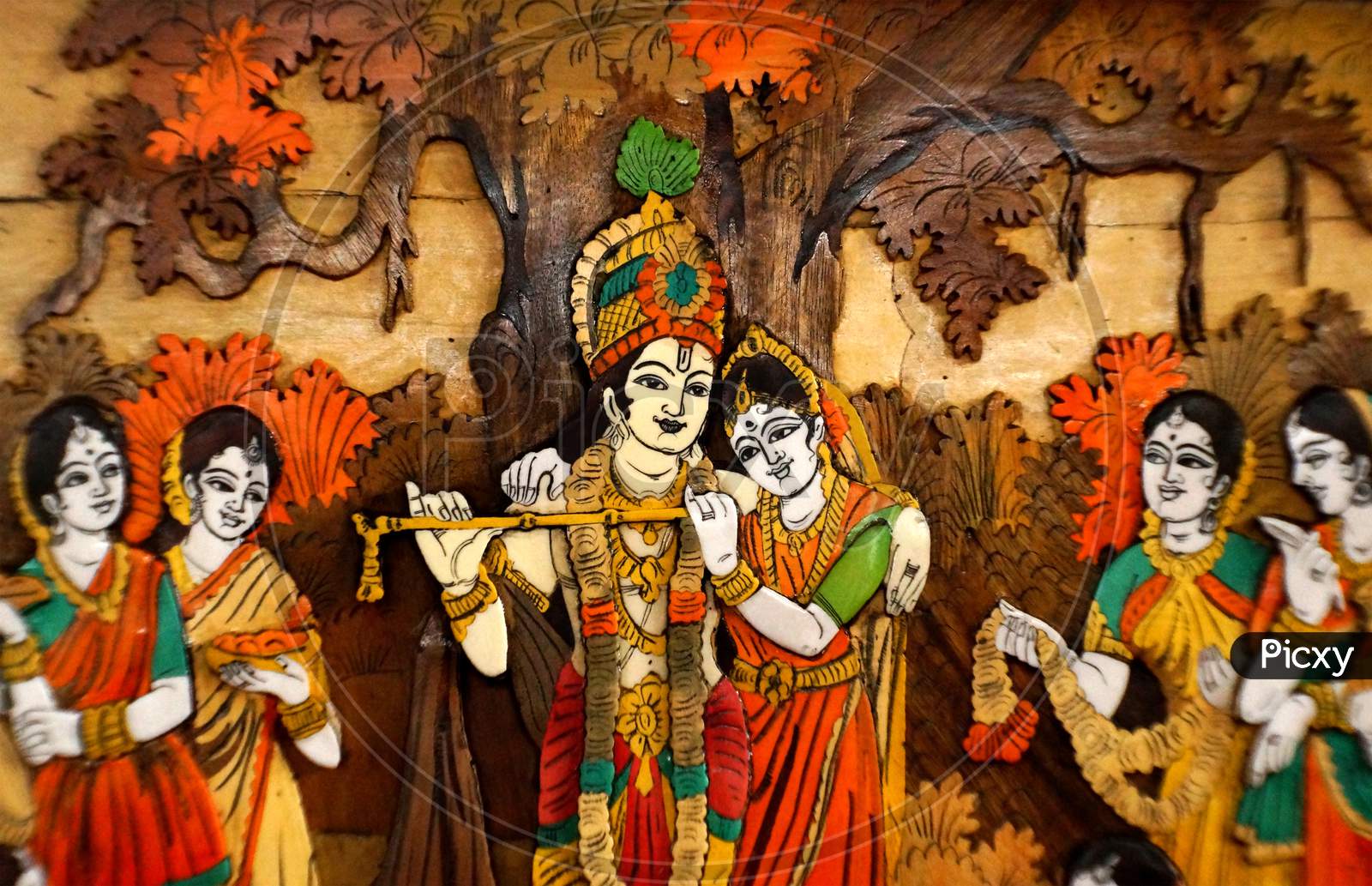 Indian God And Goddess Radha And Krishna Wooden Painting In A Temple