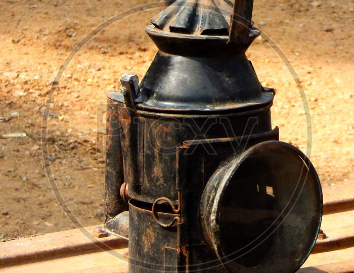 View Of Old And Antique Oil Lamp  Used In Rail Transport For Sgnalling In The Night