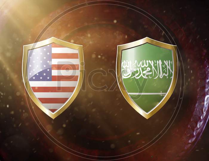 Us And Saudi Arabia Flag In Golden Shield On Copper Texture Background.3D Illustration.