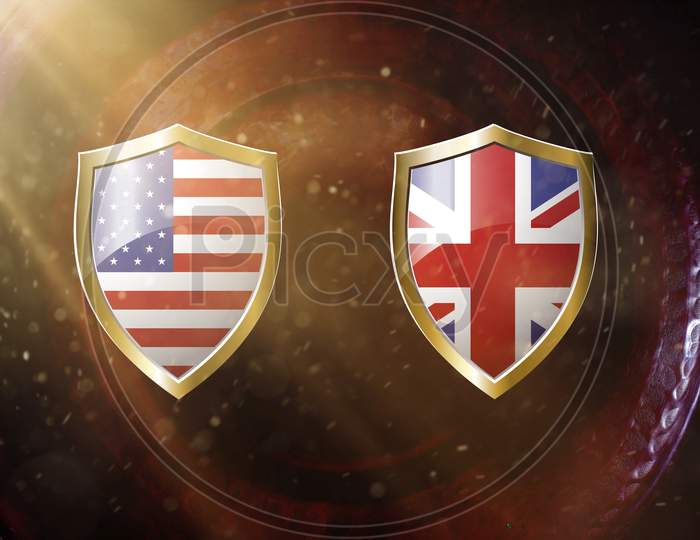 Us And United Kingdom Flag In Golden Shield On Copper Texture Background.3D Illustration.