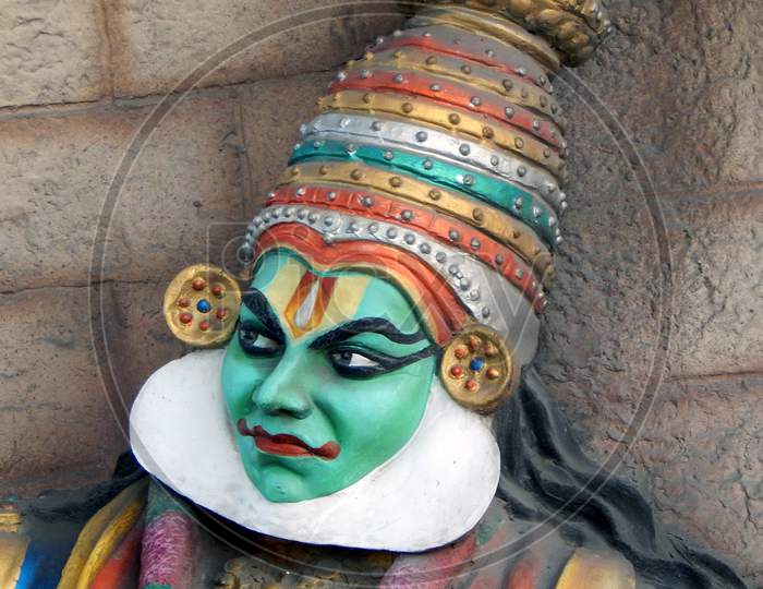 Hyderabad, India-February 13,2017 : Close-Up View Of Wall Art Of Indian Traditional Man In Kerala Kathakali Dancer Portrait