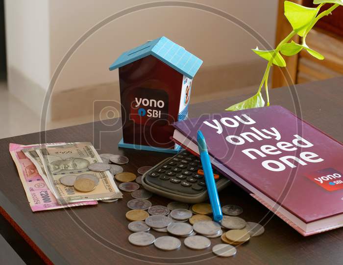Palghar, India - 1 April 2021 A financial picture of State bank of India's YONO brand and its various banking products such as loans, savings account, digital banking, fixed deposits, debit-credit etc