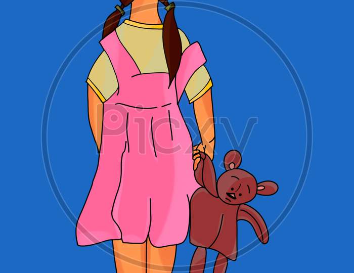 Back View Of Alone Walking Girl Child With Sad Faced Doll In Hand - Concept Of Child Abuse.
