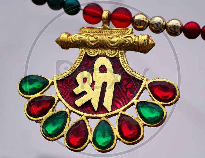 Indian Woman Jewelry Necklace With Hindu Mantra In Hindi Language Meddalion
