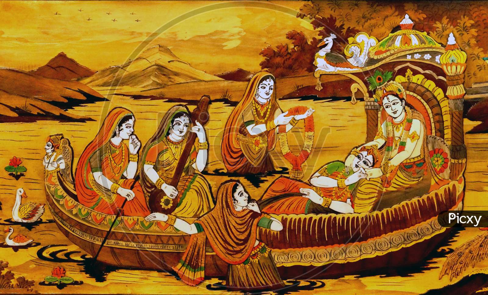 Wooden Painting Of Indian God And Goddess Radha And Krishna In Boat In A Temple