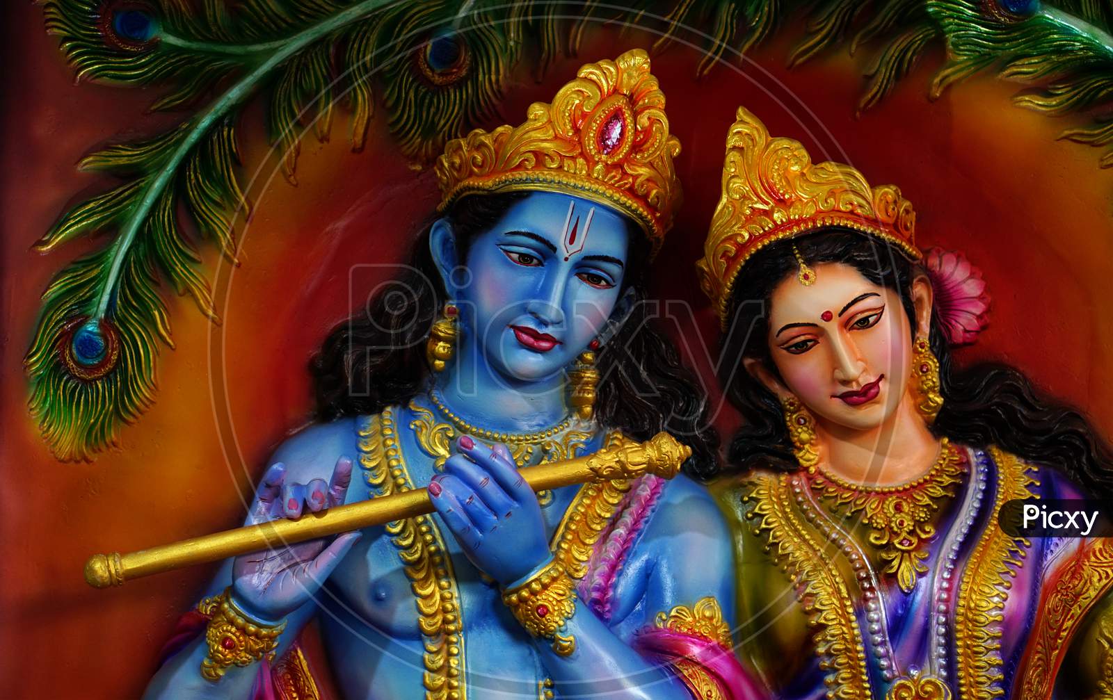 Wall Art Of Indian God Krishna Playing Flute With Radha