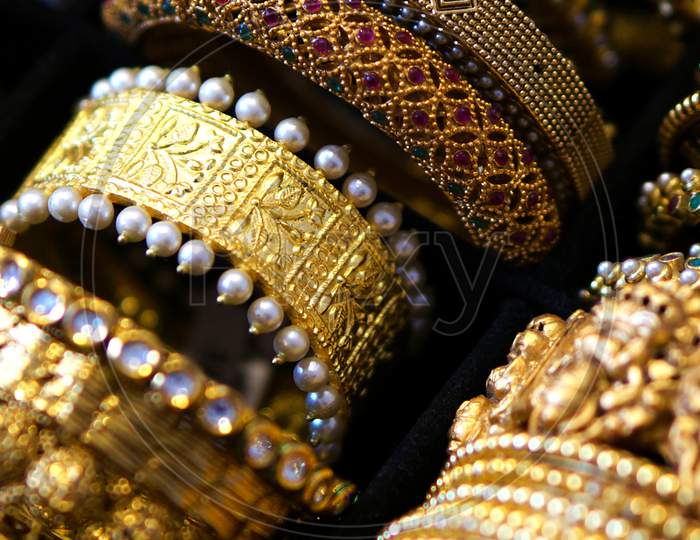 Indian Woman Artificial Or Imitation Jewelry Bangles In A Shop Display