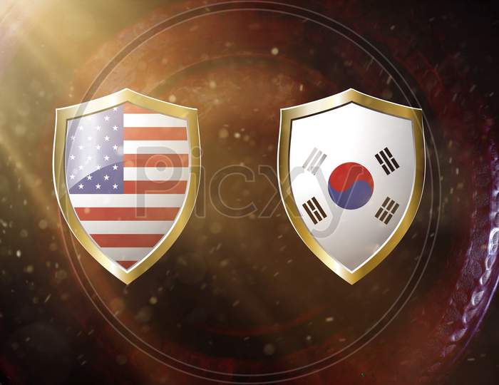 Us And South Korea Flag In Golden Shield On Copper Texture Background.3D Illustration.