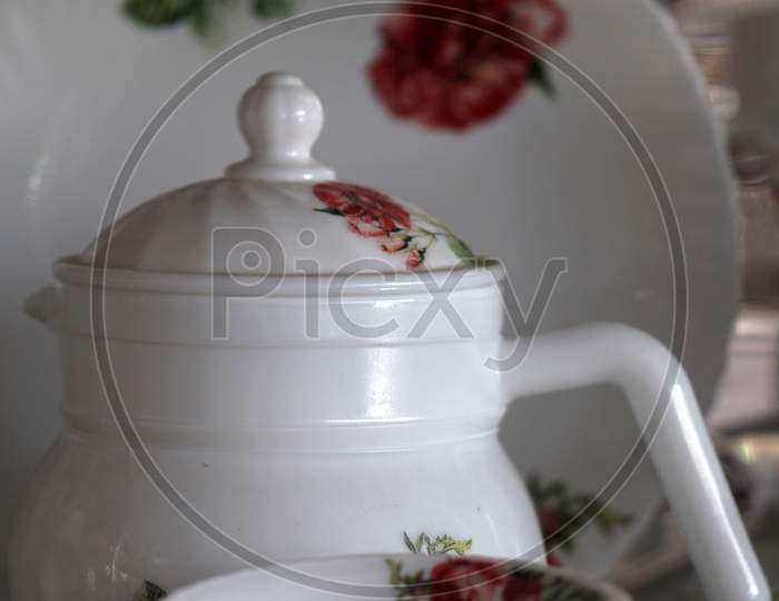 View Of  Porcelain Tea Cups And Other Kitchen Ware In Shop Display