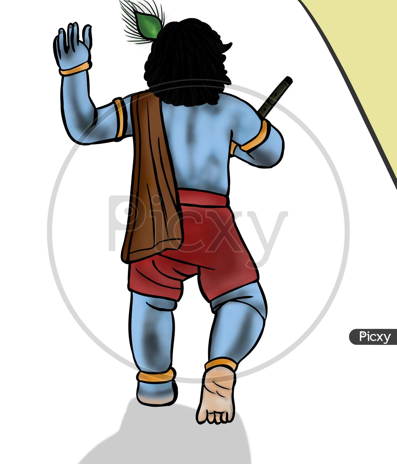 Back View Of Walking Toddler Or Bala Lord Shri Krishna With Fluite In Hand