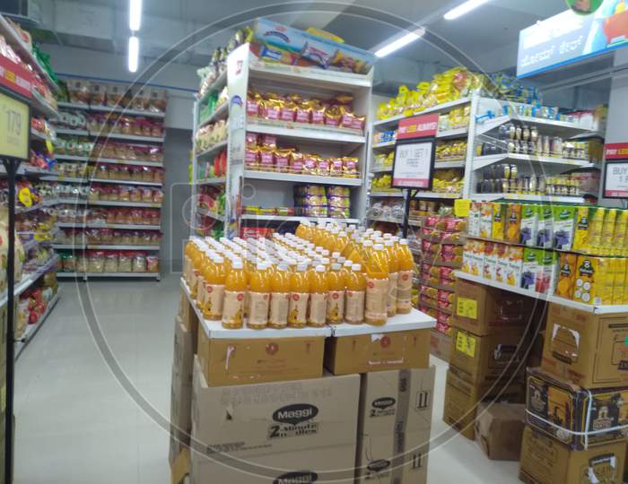 Closeup Of Vishal Super Market Or Mall Interior Beautiful View With Household Items, Toys And Food Pack Etc.,