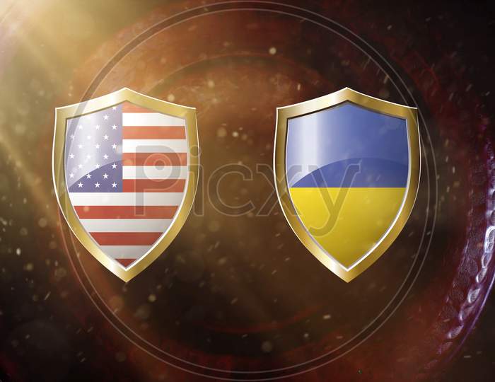 Us And Ukraine Flag In Golden Shield On Copper Texture Background.3D Illustration.