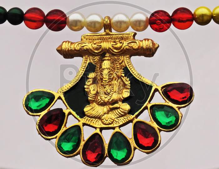 View Of Indian Woman Jewelry Necklace With Hindu God Ganesha Locket
