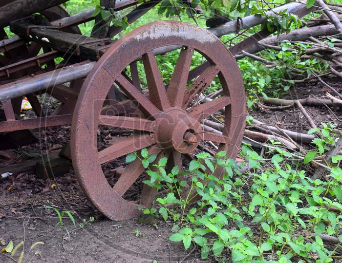 Old Bullock Cart And Iron Wheels In It, Beauty Of Ancient