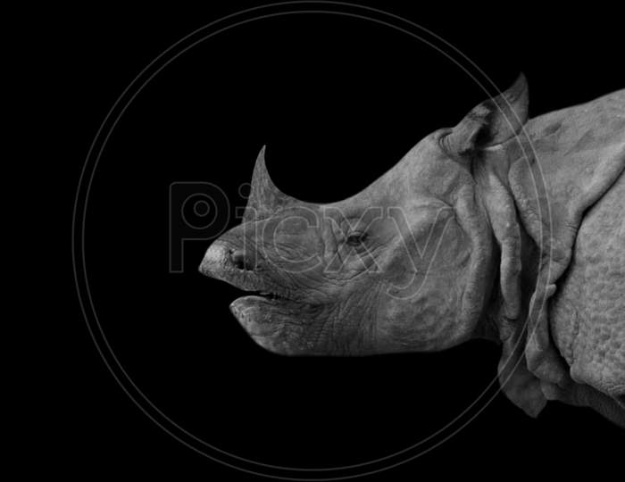Heavy Happy Rhino Side Face On The Black Background