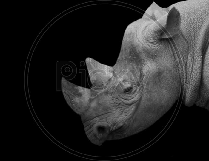 Big Horn Rhino Portrait On The Dark Background