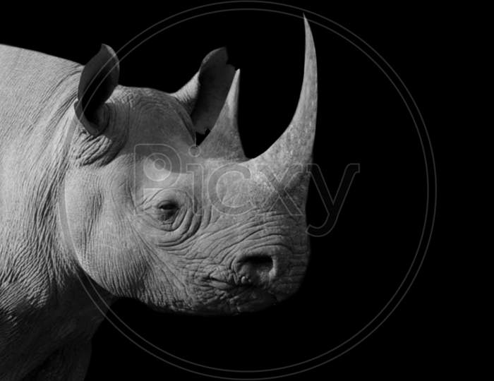 Long Horn Rhino Closeup On The Dark Background