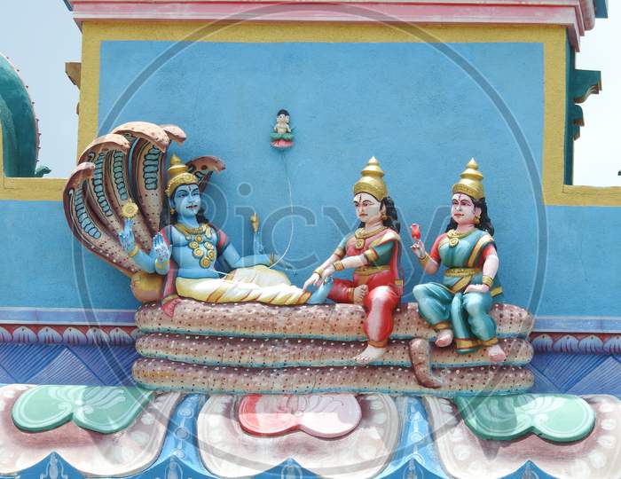 Closeup Of Beautiful Bettada Thimmappa Temple Entrance Arch With Lord Vishnu Sign And Symbols