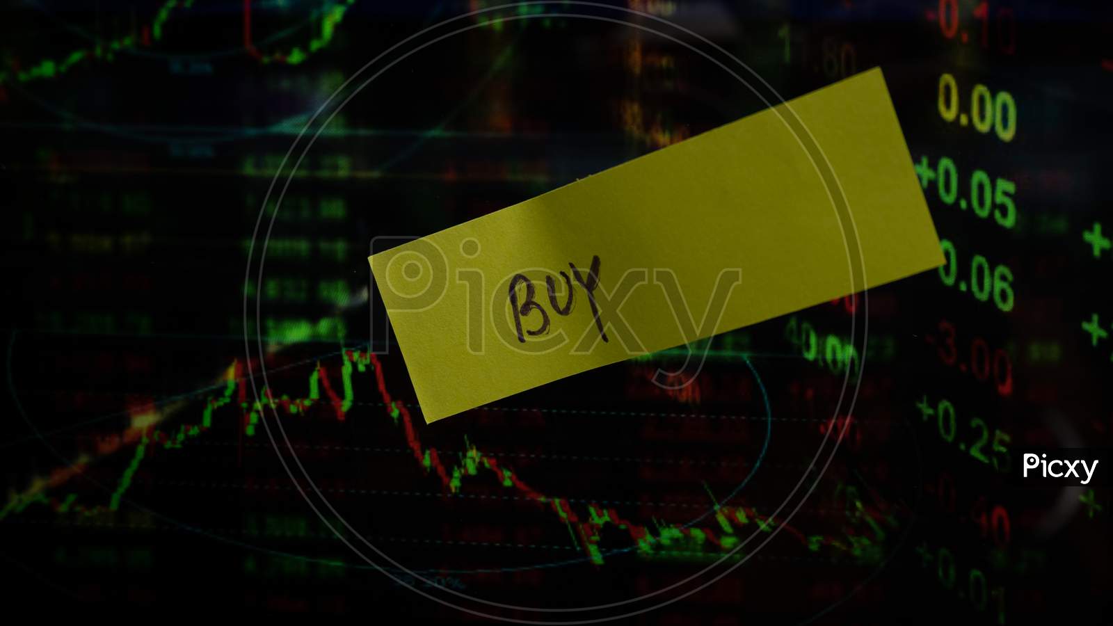 Concept Of Buy Written On Sticky Notes Attached On Share Market Graph.