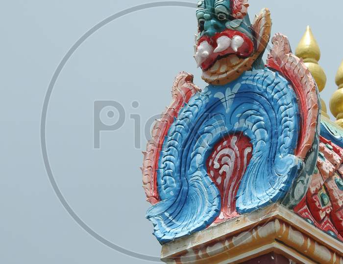 Closeup Of Beautiful Bettada Thimmappa Temple Entrance Arch With Lord Vishnu Sign And Symbols