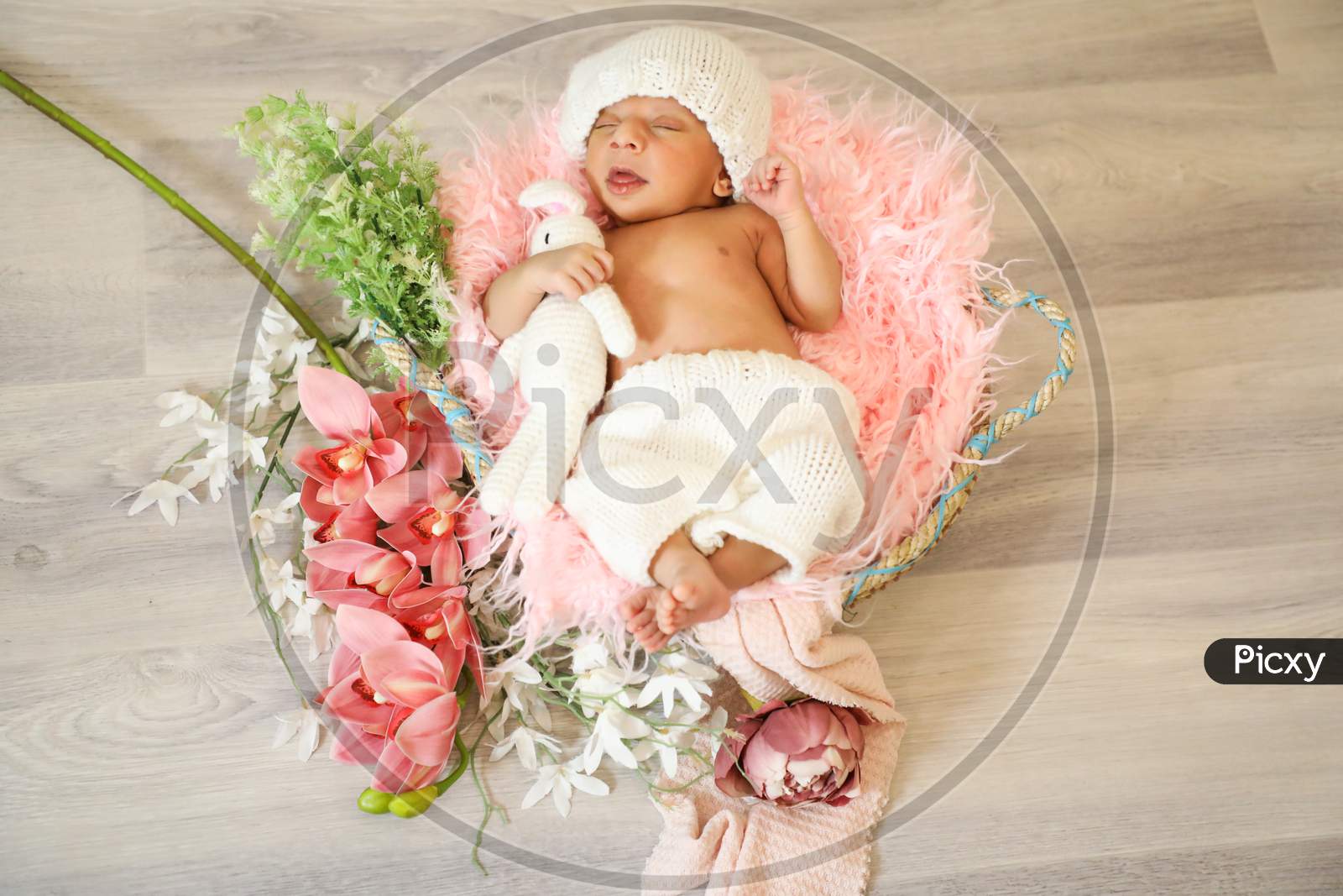 Newborn Cute Baby Girl Sleeping On Soft Wool With Doll In Hand Flowers And Green Leaves