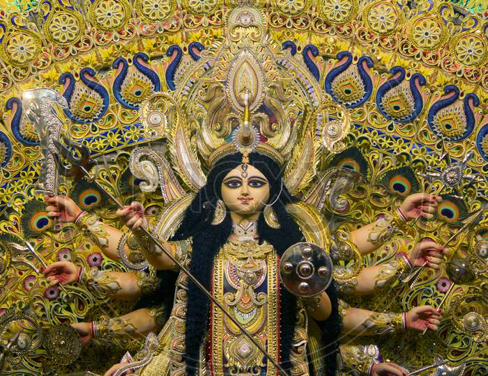 Goddess Durga Idol Decorated At Puja Pandal In Kolkata, West Bengal, India.  Durga Puja Is Biggest Religious Festival Of Hinduism And Is Now Celebrated  Worldwide. Stock Photo, Picture and Royalty Free Image.