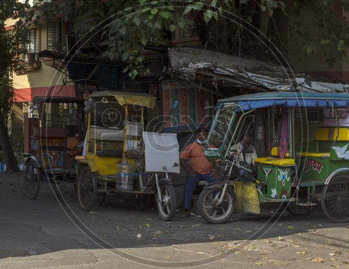 15Th October, 2021, Kolkata, West Bengal, India: Few E- Rickshaw Standing Waiting For Customers.