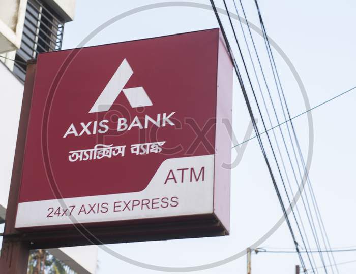 Signboard Of Axis Bank Atm With Selective Focus.