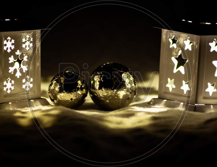 Romantic Christmas lights enlight the dark holy eve night in advent time glow in the night with romantic mood Christmas ornaments and Christmas decoration