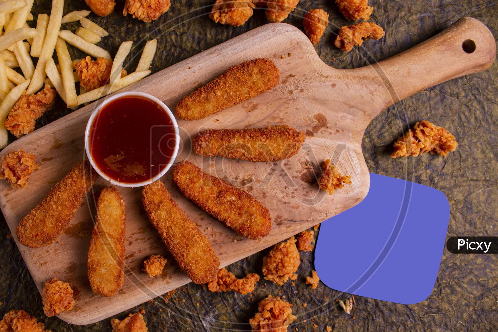 Fried Chicken Fingers With Ketchup And Copy Space Text Area In Top View