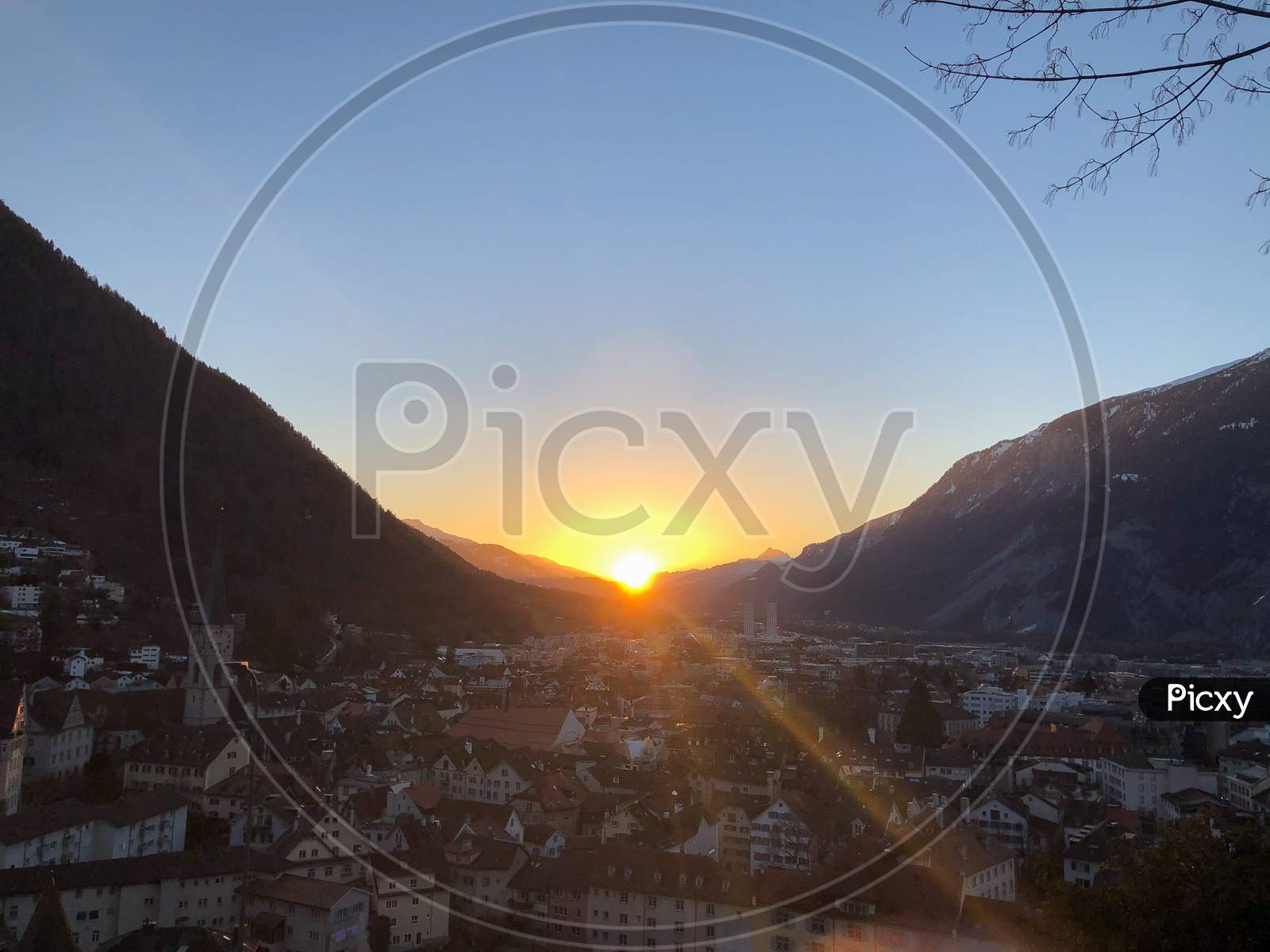 Chur, Switzerland, February 20, 2021 Incredible Sunset In The Swiss Alps