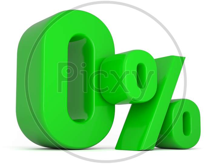 0% 3d illustration. Green zero percent special Offer on white background