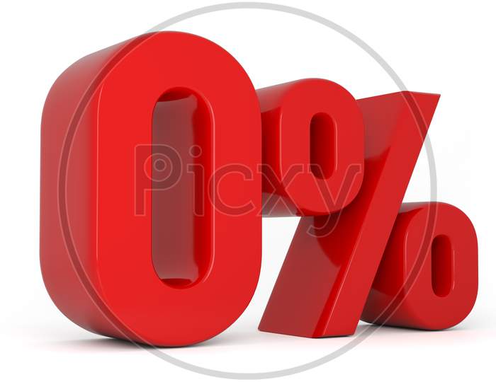 0% 3d illustration. Red zero percent special Offer on white background