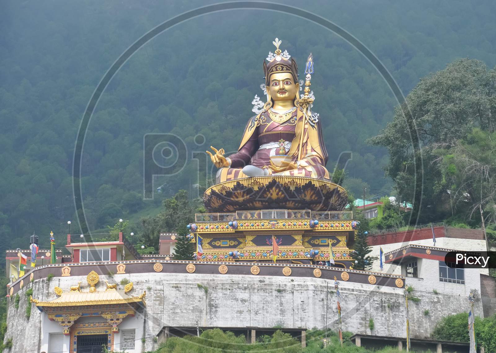 Beautiful view of giant statue of Padmasambhava (Guru Rinpoche) in Rewalsar lake (Tso Pema), Himachal Pradesh, India