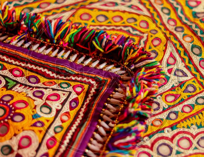 Beautiful View Of Colorful Ethnic Belts With Mirrors And Shells At Market In Rajasthan, India,Multicolour Ethnic Embroidery,Gujarat India Embroidery Craft Close Up View,Pakistan Embroidery