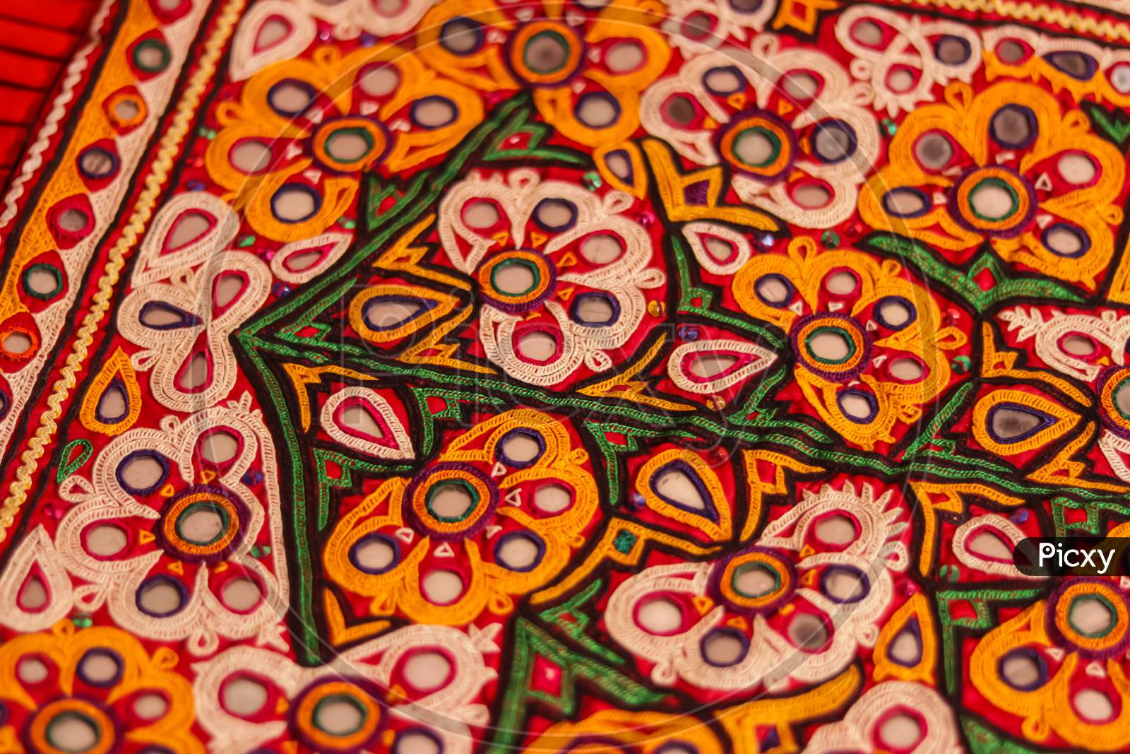 Mirrored Embroidery Work Typical Of The Aahir Tribe,Unidentified Man Embroidering Cloth In Traditional Method Of India,Mirror Work Colorful Handmade Ahir Bharat,Kutch-Gujarat