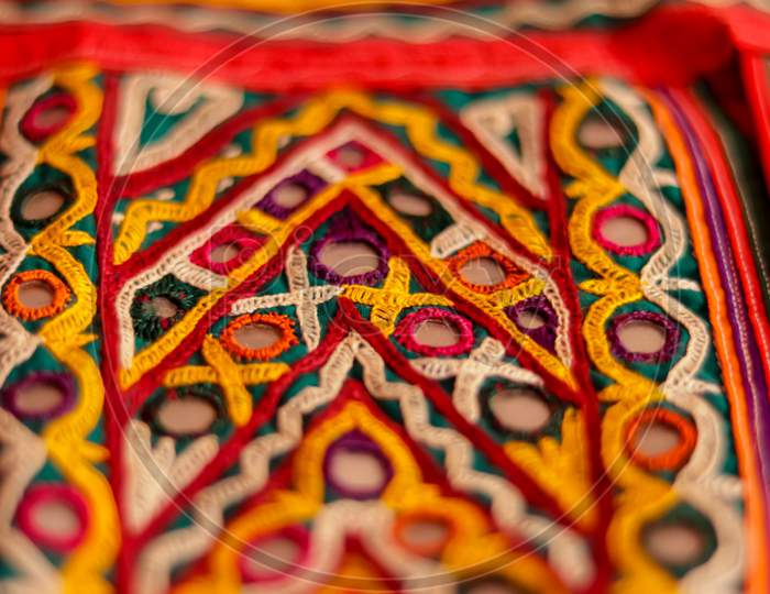 Bharatkam Or Embroidery Handicrafts,Ahir Tribe Traditional And Multi Colors Homemade Embroidery Arts Close Up, Embroidery Background And Texture Beautiful View,