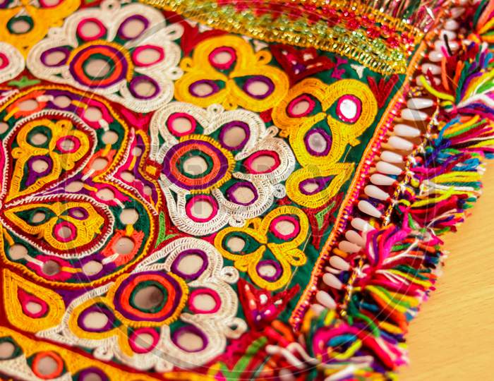 Art Embroidery,Decorations Kutch Art,Beautiful View Of Embroidery,Colorful Ahir Bharat,Embroidered Handicrafts Close-Up,Selective Focus,Rajasthan Embroidery Flower And Pattern Art
