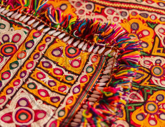 Mirrored Embroidery Work Typical Of The Aahir Tribe,Unidentified Man Embroidering Cloth In Traditional Method Of India,Mirror Work Colorful Handmade Ahir Bharat,Kutch-Gujarat