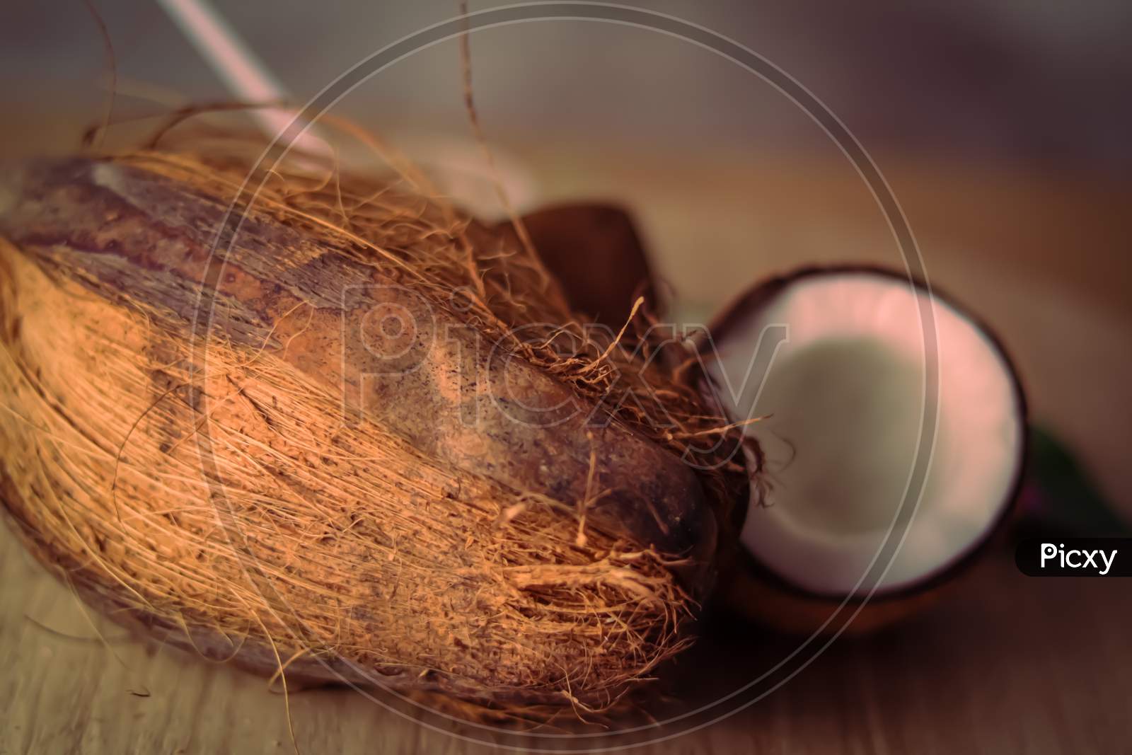 Healthy Coconut Milk With Whole Nut, Whole Coconut And Coconut Milk With Coconut Powder On Wooden Table,Fresh Nariyal Hd Footage ,Selective Focus On Subject,