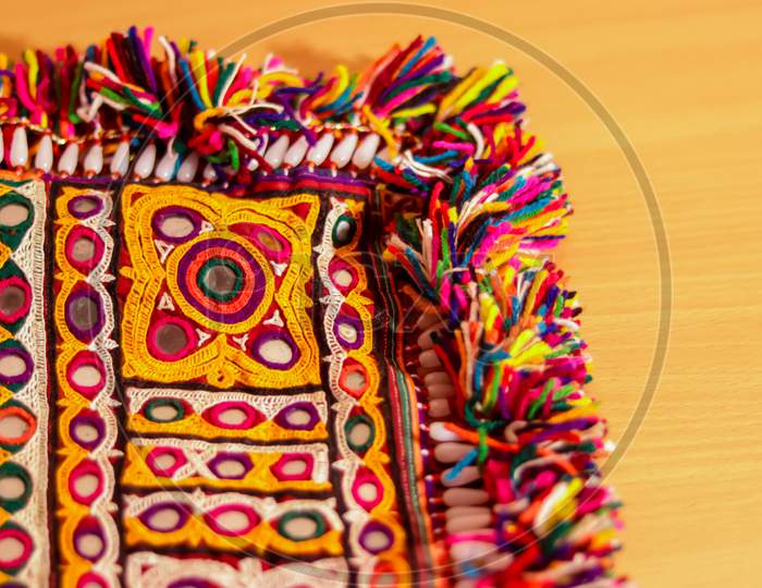 Handwork Embroidery,Handmade Embroidery Art. Traditional Indian Handmade Embroidery Art,Selective Focus,Mirror Work Colorful Handmade Ahir Bharat,Kutch-Gujarat