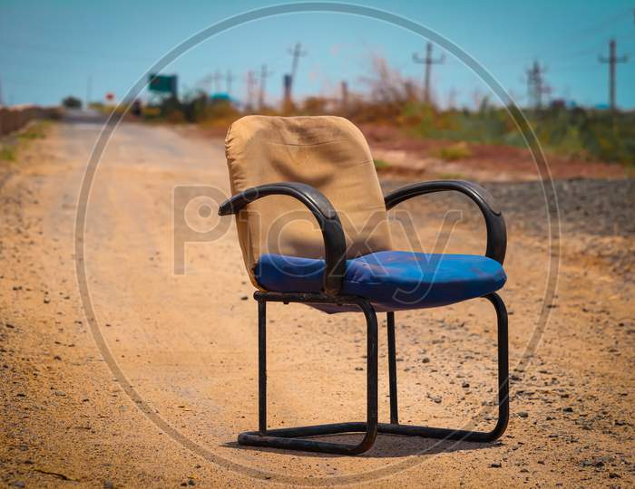 Office Chair Lying Out, Beautiful View Of Outdoor Chair,Modern Designer Chair On Outdoor,Front And Side View Of Modern Blue And Desk Chair On Road, Chair