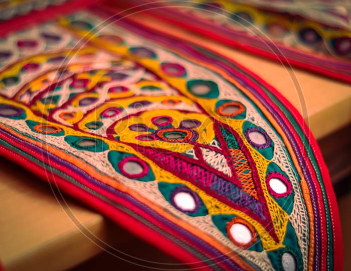 Handwork Embroidery,Traditional And Pattern Art Embroidery Artwork Beautiful View,Handmade. Ethnic And Tribal Motifs,Print In The Heavy Mirror-Work Style,