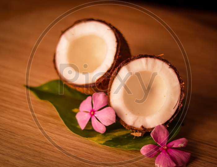 Healthy Coconut Milk With Whole Nut And Pieces,Coconut Powder And And Whole Coconut Hd Footage,,Selective Focus On Subject,