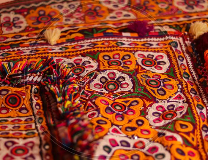 Handwork Embroidery,Traditional And Pattern Art Embroidery Artwork Beautiful View,Handmade. Ethnic And Tribal Motifs,Print In The Heavy Mirror-Work Style,