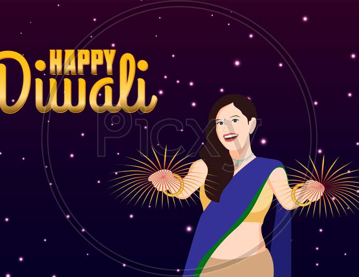 Beautiful Girl Celebrating Diwali With Fireworks, Happy Diwali Vector Illustration.