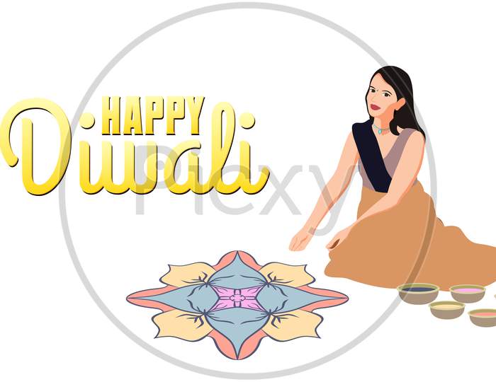 Indian Women Making Rangoli  For Diwali Celebration, Happy Diwali Vector Illustration For Social Media.